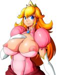 1girl areola blonde_hair blue_eyes breasts breasts_outside cleavage crown dress earrings elbow_gloves gloves hand_on_own_chest huge_breasts long_hair looking_at_viewer nipple_slip nipples pink_dress princess_peach smile super_mario_bros. upper_body white_gloves wide_hips witchking00