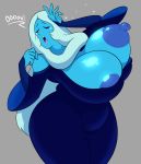  1girl areola blue_diamond blue_diamond_(steven_universe) blue_dress blue_skin breasts breasts_outside clenched_hand closed_eyes daredemon7000 dress erect_nipples grey_background hand_on_head huge_breasts long_hair nipples off_shoulder open_mouth simple_background steven_universe thick_thighs thighs voluptuous white_hair wide_hips 