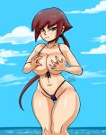  2018 aile beach big_breasts bikini breasts brown_hair capcom clouds female female_only front-tie_bikini green_eyes hair hand_bra hand_on_breast hands_on_breasts holding_breasts huge_breasts ichduhernz large_breasts legs long_hair looking_at_viewer mega_man mega_man_zx megaman_zx sky solo thick_thighs thighs tumother video_games watermark wide_hips 
