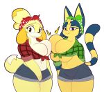 2_girls ankha ankha_(animal_crossing) anthro bandanna blue_hair blush breast_press breasts brown_eyes canine cat cat_ears cat_tail cleavage denim_shorts dog dog_ears dog_tail fang feline front-tie_top furry hair_ornament huge_breasts isabelle_(animal_crossing) looking_at_viewer midriff navel purple_eyes shih_tzu shirt short_hair short_shorts smile thick_thighs thighs under_boob wide_hips yellow_fur 