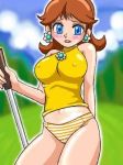 big_breasts blue_eyes blush breasts brown_hair crown curvaceous dress earrings embarrassed erect_nipples female green_eye headwear high_heels jewelry konpeto lala-kun large_breasts long_hair lowres mario_(series) mario_golf midriff nail_polish navel nintendo no_pants open_mouth outdoors outside panties princess princess_daisy short_hair sky sleeveless sleeveless_dress solo strapless_dress striped striped_panties super_mario_bros. super_mario_land thick_thighs thighs underwear video_game_character video_game_franchise voluptuous white_leggings wide_hips yellow_dress