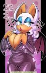  1girl animal_ears anthro bat_wings blue_eyes blue_nails breasts catsuit cleavage dialogue furry large_breasts latex looking_away makeup mascara nail_polish omegasunburst painted_nails rouge_the_bat sega thighs whistle wide_hips wings 