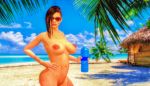 1girl 3d areola ass beach belly belly_button black_hair blue_sky brown_nipples brown_skin capcom cloud clouds cloudy_sky erect_nipples eye_contact eyebrows eyebrows_visible_through_hair female_human female_only games glasses hand_on_hip human human_only hut jill_valentine legs lips lipstick long_hair looking_at_viewer medium_breasts navel nude nude_female object outside palm_tree palm_trees pink_lipstick posing pussy pussy_lips render resident_evil resident_evil_3 sand sea shade shaved_head shaved_side short_hair side_shave sky solo_female standing standing_up stomach sunglasses trees tropical video_games water water_bottle xps