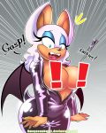  ! 1girl animal_ears anthro ass bat_wings blue_eyes blue_nails bodysuit breasts breasts_outside bursting_breasts catsuit censored dialogue embarrassed fangs furry large_breasts latex_suit makeup mascara nail_polish omegasunburst open_mouth painted_nails rouge_the_bat sega thighs wide_hips wings zipper 