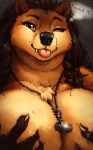  1girl anthro bear big_breasts breasts brown_body brown_fur brown_hair claws curvy_figure fur grope hair holding_breast huge_breasts jewelry long_hair looking_at_viewer mammal necklace nora_(tasanko) nude one_eye_closed overweight overweight_anthro overweight_female simple_background smile tasanko teeth text tongue tongue_out ursid voluptuous wink 