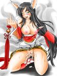  ahri animal_ears big_breasts black_hair blush breasts facial_mark fang fingering fox_ears fox_tail kimmundo large_breasts league_of_legends masturbation middle_finger multiple_tails pleasure_face pussy_juice sweat uncensored yellow_eyes 