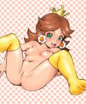  1girl bad_id blush breasts brown_hair crown earring earrings green_eyes jewelry kokoni_(kocononi) long_hair looking_at_viewer lying mario_(series) navel nintendo nipples nude open_mouth princess_daisy pussy questionable skindentation smile solo spread_legs stockings super_mario_bros. super_mario_land thighhighs tiara uncensored 