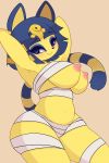  1girl animal_crossing animal_ears ankha ankha_(animal_crossing) anthro areola bandages blue_eyes blue_hair breasts cat cat_ears cat_tail egyptian erect_nipples furry hands_behind_head large_breasts looking_at_viewer makeup mascara navel nipples pinkcappachino short_hair simple_background smile striped_tail thighs yellow_fur 