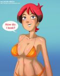 1girl alcasar-reich big_breasts bikini blue_background blue_eyes blush breasts brown_hair cleavage dialogue female_only humanized margaret_(regular_show) multicolored_hair navel red_hair regular_show short_hair simple_background smile wide_hips yellow_bikini