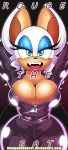  1girl animal_ears anthro bat_wings blue_eyes breasts catsuit cleavage eyelashes fangs furry large_breasts latex_suit lipstick looking_at_viewer makeup mascara omegasunburst open_mouth rouge_the_bat sega shiny shiny_clothes thighs wide_hips wings zipper 
