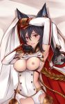  1girl 1girl 1girl animal_ears areola armpits big_breasts black_gloves black_hair blush breasts breasts_out_of_clothes cape clothes_lift covered_navel cuddly_octopus_(circle) dakimakura detached_sleeves erune_race_(granblue_fantasy) female_only female_solo gloves granblue_fantasy grin hair_between_eyes ilsa_(granblue_fantasy) long_sleeves looking_at_viewer lying military military_uniform nipples no_bra on_back one_arm_up pak_ce red_eyes sideboob sleeves_past_wrists smile torn_clothes uniform white_cape white_outfit white_uniform 