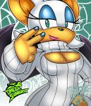 1girl animal_ears anthro bat_wings big_breasts blue_eyes blue_nails breasts cleavage cleavage_cutout furry hand_on_hip lipstick looking_at_viewer makeup mascara nail_polish omegasunburst open-chest_sweater painted_nails rouge_the_bat sega smile sweater v white_sweater wings 