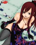  adson_(colorist) brown_eyes card cards cleavage deviantart erza_scarlet fairy_tail from_above grin looking_at_viewer necklace sitting smile viewed_from_above 