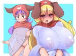  2girls amano_taiki animal_ears areola areolae blonde blonde_hair blue_background breasts brown_eyes chunsoft dog_ears dragon_quest dragon_quest_ii enix female hair hood huge_breasts large_areola large_areolae long_hair mound_of_venus multiple_girls navel nipples no_bra open_mouth panties princess_of_moonbrook purple_hair saliva see-through shi_osuta_ooyake simple_background small_breasts standing turquoise_background underwear wet white_border 