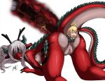  2girls all_fours anal anal_insertion anal_vore artist_request ass_juice breasts dragon from_behind furry giant giantess halo horns insertion kable1 monster_girl multiple_girls panties pussy red_skin reptile scalie simple_background source_request tail thighhighs uncensored underwear vore what white_background 
