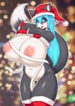  1girl anthro big_breasts blue_hair blush breasts canid canine canis christmas clothing domestic_dog furry hair hanul high_res holidays huge_breasts looking_at_viewer mammal massive_breasts navel pussy santa_hat shirt_lift slightly_chubby tailzkim 