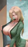  1girl bbw big_breasts blonde_hair breasts brown_eyes cutesexyrobutts erect_nipples female_focus female_only female_solo hot legs milf mostly_nude necklace nipples nude ponytail seductive seductive_look sexy sitting solo_female solo_focus thighs tsunade 
