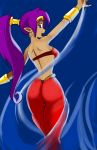 1girl arm arms art ass babe back bare_arms bare_back bare_shoulders blue_eyes bracelet breasts capcom earrings hoop_earrings jewelry long_hair looking_at_viewer looking_back okamisaga open_mouth ponytail purple_hair round_teeth shantae shantae_(character) standing strapless wulfsaga