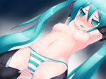  armpits arms_up blush breasts female gradient gradient_background green_eyes green_hair hatsune_miku hatsune_miku_(append) highres long_hair miku_append miku_hatsune navel nipples open_mouth orebelt panties solo striped striped_panties thighhighs topless twintails underwear very_long_hair vocaloid vocaloid_append 