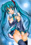  1girl aqua_hair blush breasts censored covering detached_sleeves hands hatsune_miku headset long_hair miku_hatsune mizuki_chika necktie nipples no_panties open_mouth pussy skirt solo tears thighhighs traditional_media twintails very_long_hair vocaloid zettai_ryouiki 