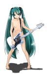  1girl barefoot breasts censored convenient_censoring feet flat_chest green_eyes green_hair guitar hatsune_miku instrument long_hair microphone miku_hatsune nipples nude ribs skinny solo twintails very_long_hair vocaloid yada_ei 