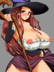 1girl areolae armpit_hair bad_id bare_shoulders big_breasts blush breasts brown_eyes brown_hair cleavage curvy detached_sleeves dragon&#039;s_crown dragon's_crown dress female grey_background hat huge_breasts inu_(marukome) long_hair long_skirt marukome01 nipple_slip nipples parted_lips red_hair side_slit simple_background skirt solo sorceress_(dragon&#039;s_crown) sorceress_(dragon's_crown) staff standing strapless_dress wide_hips witch_hat 