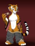  1_anthro 1_female 1_female_anthro 1_girl 4_fingers 4_toes anthro anthro_feline anthro_tiger breasts chinese_clothing chopsticks feline female female_anthro female_anthro_tiger food front_view fur furry kung_fu_panda labia master_tigress nipples pants_down pussy red red_eyes slit_pupils small_breasts smile solo standing tail tiger undressing yiffmasters 