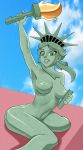  arm_up armpit breasts crown female green_eyes green_skin inanimate liberty medium_breasts nipples nude statue statue_of_liberty tagme torch usa 