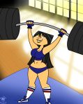 armpits barbell big_ass big_breasts bigtyme black_hair breasts brown_eyes cartoon_network cleavage eva_(tdi) fingerless_gloves gloves hair lipstick long_hair mole muscle ponytail smile solo thick_thighs total_drama_island weightlifting
