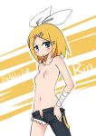  1girl @shton asymmetrical_clothes asymmetrical_clothing bandage bandages blonde_hair blue_eyes breasts flat_chest groin hair_ornament hairclip jewelry kagamine_rin mound_of_venus mouth_hold navel necklace nipples rin_kagamine short_hair single_pantsleg solo topless unzipped vocaloid 