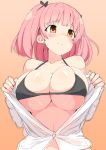  1girl bangs black_bow black_bra breasts brown_eyes cleavage embarrassed fujinoki_nene hair_bow hajimete_no_gal large_breasts open_clothes open_mouth pink_hair shirt short_hair simple_background tottotonero underwear white_background white_shirt 
