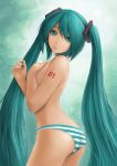  1girl artarchanime ass bad_id bare_shoulders breasts covering covering_breasts green_eyes green_hair hatsune_miku highres long_hair miku_hatsune panties solo striped striped_panties topless twintails underwear very_long_hair vocaloid 