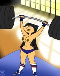 armpits barbell big_ass big_breasts bigtyme black_hair breasts brown_eyes cartoon_network cleavage eva_(tdi) fingerless_gloves gloves lipstick long_hair mole nipples ponytail smile solo thick_thighs topless total_drama_island weightlifting