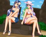  2_girls 2girls female_human female_only friendship_is_magic hat humanized long_hair mostly_nude my_little_pony outdoor outside princess_celestia princess_celestia_(mlp) princess_luna princess_luna_(mlp) sitting swimsuit 