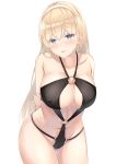  1girl arms_behind_back ass_visible_through_thighs azur_lane bangs bare_shoulders blonde_hair blue_eyes blush breasts cleavage covered_navel hair_between_eyes hairband hand_on_own_arm head_tilt large_breasts leaning_forward long_hair looking_at_viewer north_carolina o-ring_bikini o-ring_top parted_lips sidelocks simple_background swimsuit thigh_gap thighs white_hairband wide_hips 