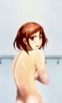  1girl bare_back breasts brown_hair covering covering_breasts face highres kearu lips looking_back meiko nude nude_cover red_eyes short_hair sideboob vocaloid 
