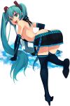  1girl all_fours aqua_eyes aqua_hair ass back bent_over boots breasts detached_sleeves from_behind hatsune_miku high_heels highres legs long_hair looking_back miku_hatsune miniskirt open_mouth penguin_caee shoes sideboob skirt smile solo thigh-highs thigh_boots thigh_high_boots thighhighs thong topless twin_tails vocaloid zettai_ryouiki 