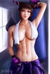  1girl abs breasts cleavage cover_up covered_nipples female female_only gym juri_han looking_at_viewer solo street_fighter topless towel yupachu 