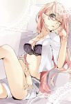 1girl bad_id belt bespectacled blue_eyes booota bra chin_rest female glasses highres lace lace-trimmed_bra lace-trimmed_panties leg_up lingerie long_hair looking_at_viewer luka_megurine megurine_luka midriff nail_polish navel one_eye_closed open_clothes open_mouth open_shirt panties pink_hair pink_nails red-framed_glasses shirt shorts sitting skindentation solo underwear undressing vocaloid wink