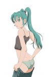  1girl ass back bad_id butt_crack camisole denim dressing flat_chest green_eyes green_hair green_panties hatsune_miku highres jeans long_hair looking_back midriff miku_hatsune panties pants pants_pull pantyshot pantyshot_(standing) pulled_by_self shiika_sadamasa solo standing striped striped_panties twin_tails twintails underwear undressing very_long_hair vocaloid 