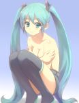  1girl aqua_eyes aqua_hair blush boots breast_hold breasts cleavage covering covering_breasts deyuuku hatsune_miku long_hair looking_at_viewer miku_hatsune smile solo squatting thigh_boots thigh_high_boots thighhighs topless twintails very_long_hair vocaloid 