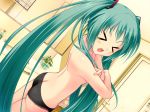  &gt;_&lt; 1girl amino amino_kohaku ass back bathroom black_panties butt_crack closed_eyes covering embarrassed green_hair hair hatsune_miku lace-trimmed_panties miku_hatsune nude nude_cover open_mouth panties panties_only solo topless twin_tails twintails underwear underwear_only vocaloid 
