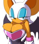  1girl animal_ears apostle_(artist) blue_eyes breasts cleavage furry gloves huge_breasts lipstick makeup naughty_face rouge_the_bat sega simple_background smile sonic sonic_(series) tail white_background wings 