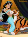aladdin_(series) arabian arabian_clothes breasts cartoonvalley.com disney face_between_breasts helg_(artist) navel princess_jasmine rajah shirt_lift tiger