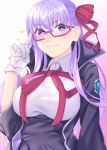  1girl adjusting_glasses bb_(fate) bespectacled black_jacket blush breasts fate/extra fate/grand_order fate_(series) glasses gloves hair_ribbon jacket large_breasts long_hair looking_at_viewer purple_eyes purple_hair red-framed_glasses red_ribbon ribbon semi-rimless_glasses under-rim_glasses white_gloves 