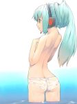 1girl akimbo_(artist) akinbo_(hyouka_fuyou) aqua_eyes aqua_hair arched_back ass back blue_eyes blue_hair butt_crack hatsune_miku headset long_hair miku_hatsune panties panties_only see-through solo topless underwear underwear_only vocaloid water wet 