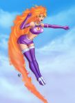 1girl big_breasts breasts cleavage_cutout dc_comics female_only fire green_eyes hvond koriand&#039;r orange_skin solo solo_female starfire teen_titans