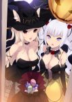  2_girls 2girls animal_ears bare_shoulders big_breasts blonde_hair breasts cait cait_aron candy cleavage halloween hat highres huge_breasts jack-o&#039;-lantern long_hair multiple_girls original pumpkin red_eyes silver_hair silver_hat twin_tails witch_hat 