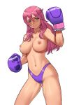 1girl 1girl 1girl areola areola_slip blue_eyes blush boxing_gloves breasts bubuki_buranki cessa clavicle clenched_hands commission gloves grey_eyes hair_between_eyes high_resolution highleg highleg_panties long_hair medium_breasts multicolored multicolored_eyes navel nipples panties pink_hair purple_gloves purple_panties standing taneomi_shizuru thighs topless underwear very_high_resolution white_background 