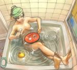  1girl alcohol bad_id barefoot bath breasts brown_hair censored convenient_censoring crossed_legs_(lying) esukee feet food from_above kaito legs legs_crossed lying meiko nude original plate ripples rubber_duck sake short_hair soap soles solo sushi towel towel_on_head vocaloid wet 